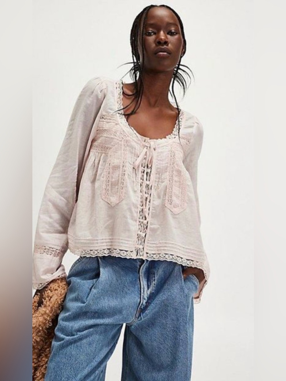 NWT- Free People Lace-Trim Buttoned Peasant Blouse - Pink - Picture 6 of 14